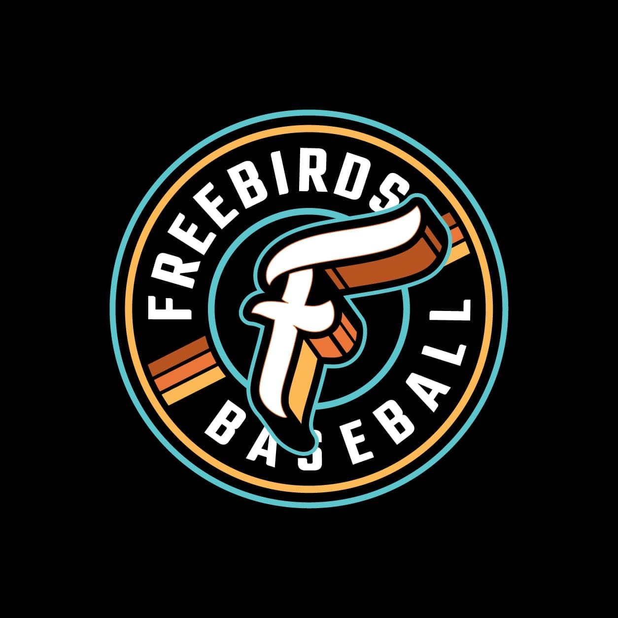 A circular logo with FREEBIRDS BASEBALL in white text around a stylized orange and white letter F on a black background, with teal and orange accent rings.