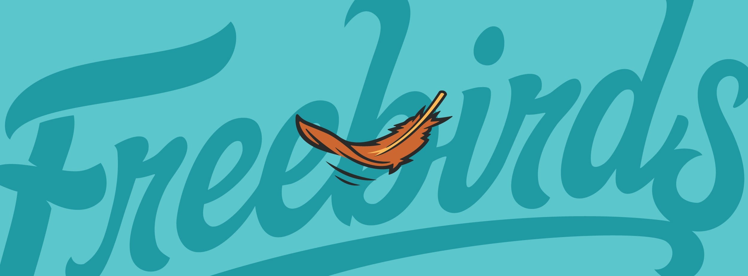 The word Freebirds in bold, cursive blue letters on a light blue background, with an orange feather at the center, suggesting movement.