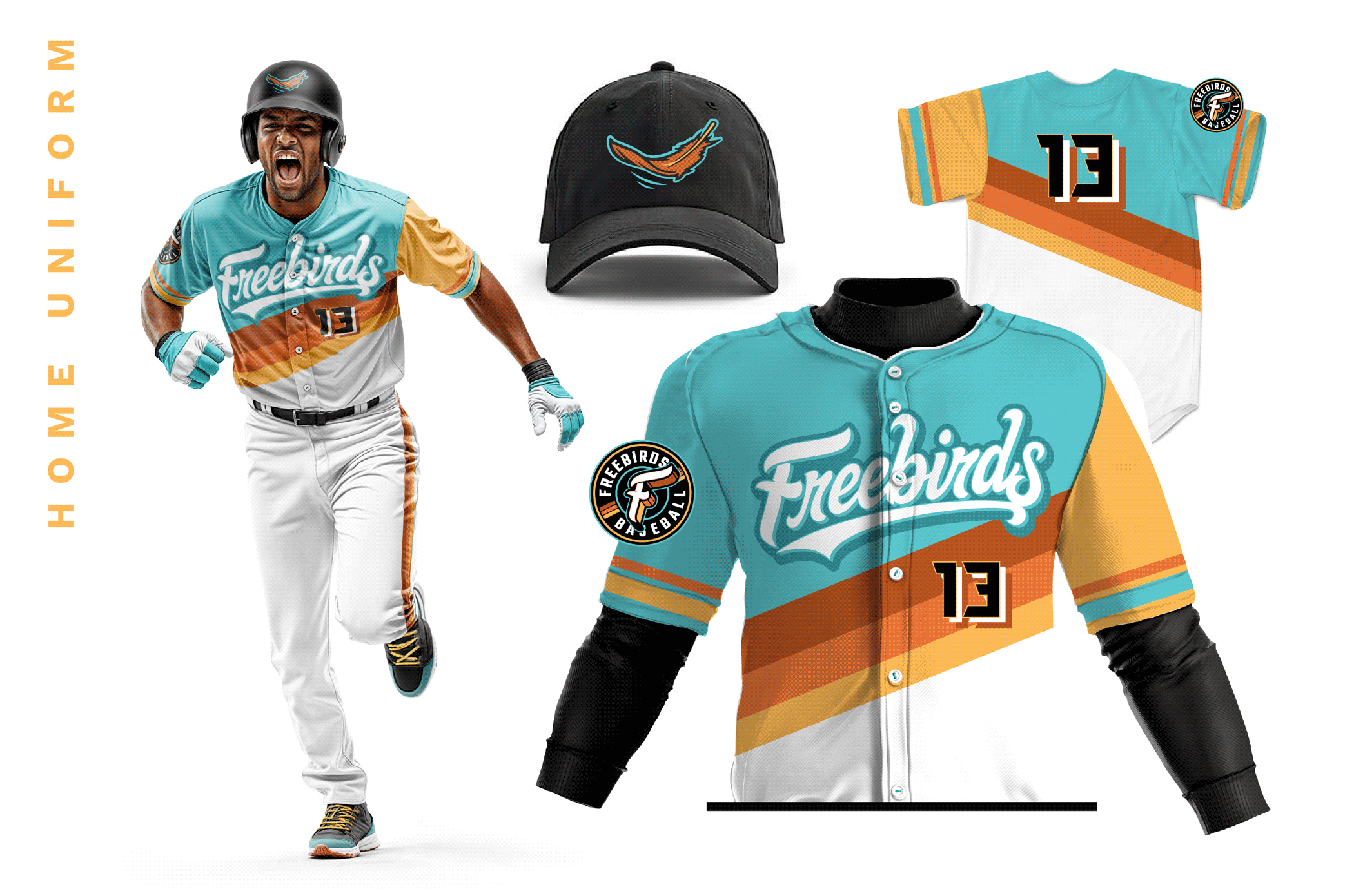 A baseball player in a colorful Freebirds uniform runs excitedly. Displayed are the team’s home jersey in teal, orange, and white, with matching cap, and close-up views of the jersey front and back with the number 13.
