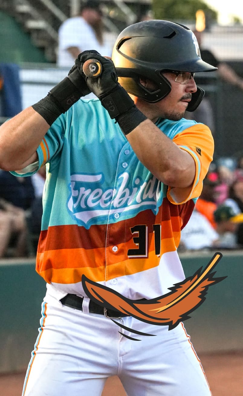 A baseball player in a colorful Freebirds jersey prepares to bat, gripping the bat and wearing a helmet. The background shows spectators in the stands and a blurred baseball field.